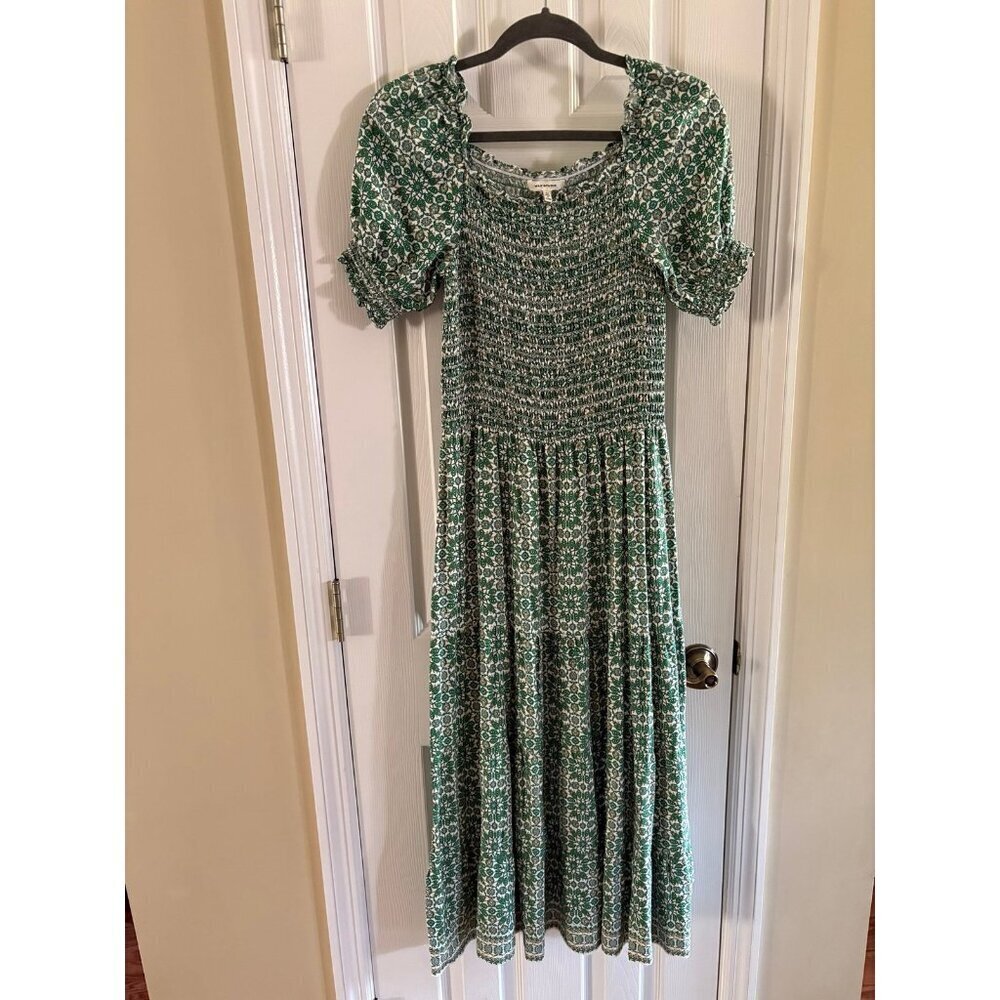 Max Studio Green Floral Smocked Midi Dress Medium